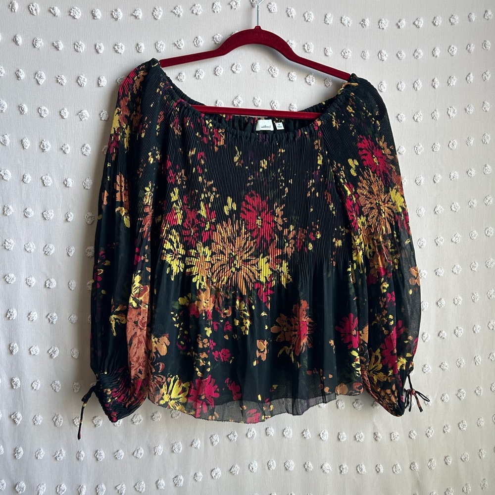 Aritzia Wilfred Pleated Floral Off the Shoulder Long Sleeve Blouse Sz‎ M Black